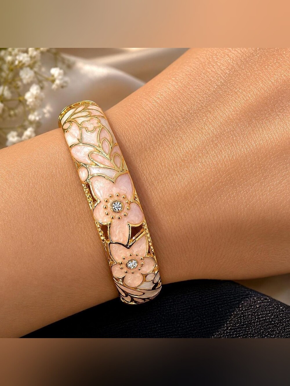 Cloisonné Style Pink Floral Enamel Rhinestone Hinged Bangle